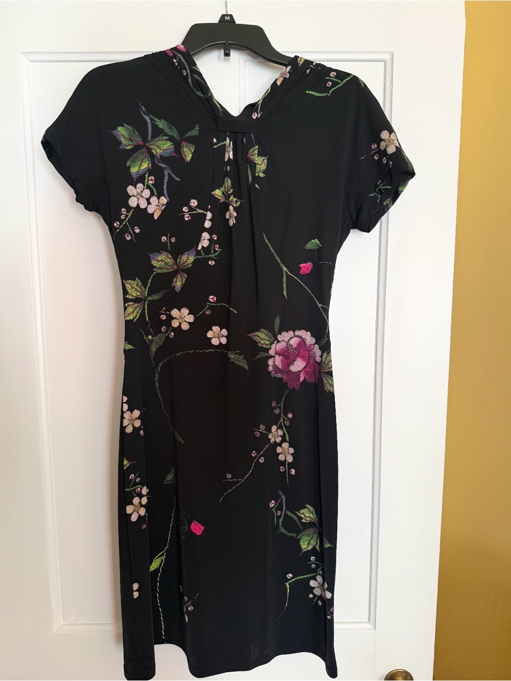 Roberto Cavalli Black Floral Midi Dress with Pink and Cream Blooms